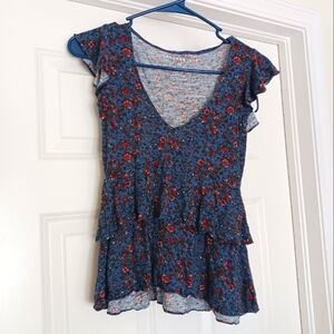Aeropostale Layered Ruffle Blouse size XS extra small gray blue, orange Flowers